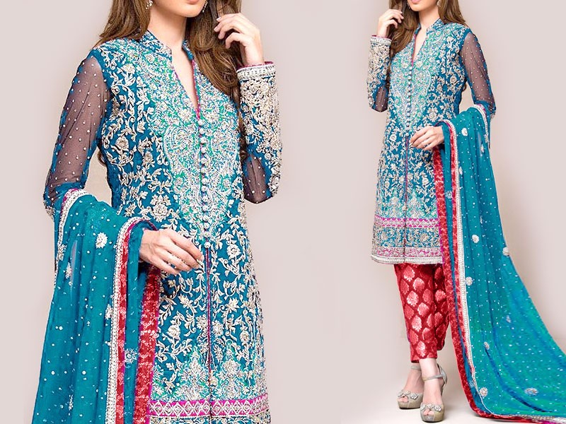 Embroidered Chiffon Bridal Dress with Jamawar Trouser