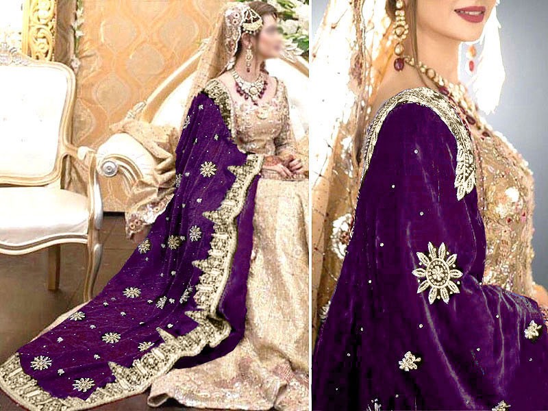 Heavy Embroidered Bridal Velvet Shawl - Purple
