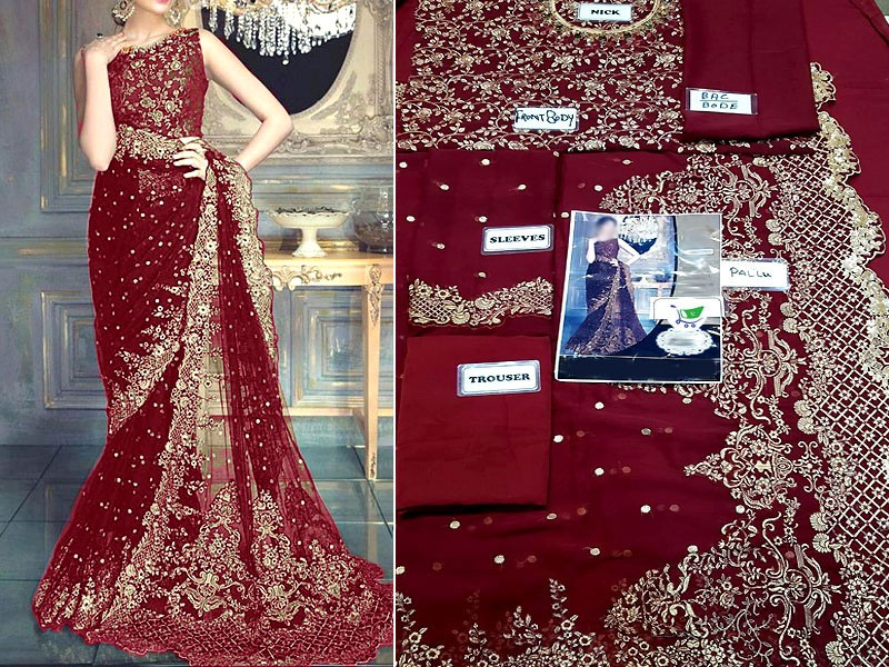 Designer Embroidered Maroon Chiffon Saree